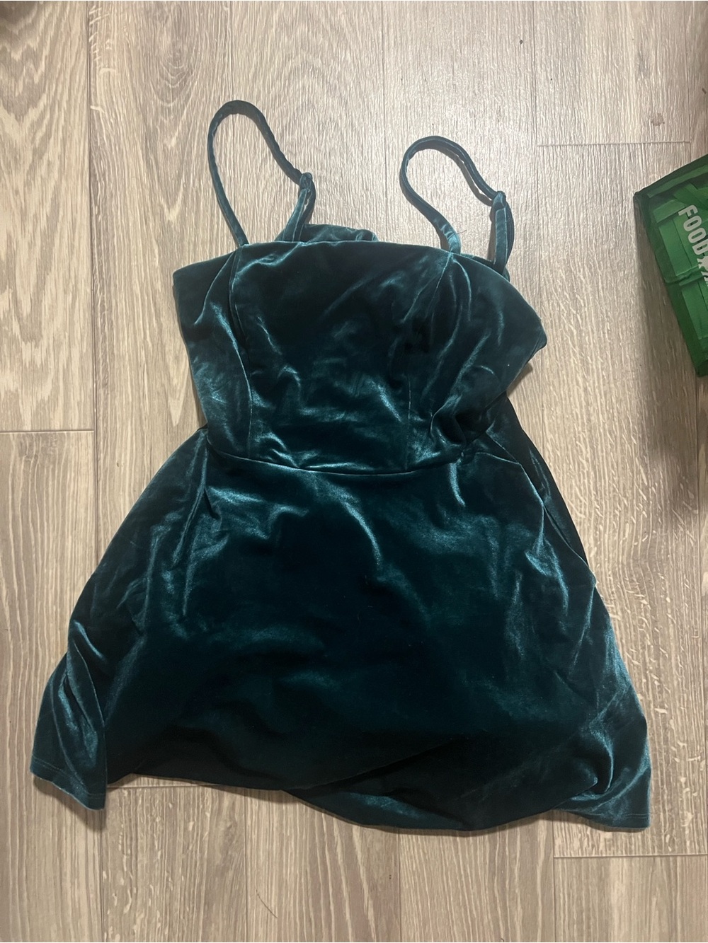 Altar’d State Velvet Spaghetti-Strap Mini Dress in Deep Teal Green